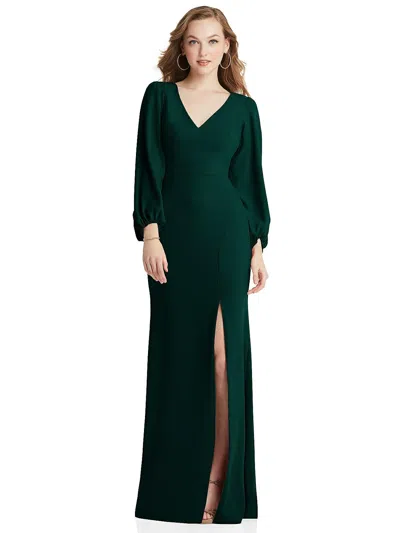 Dessy Collection Long Puff Sleeve V-neck Trumpet Gown In Green