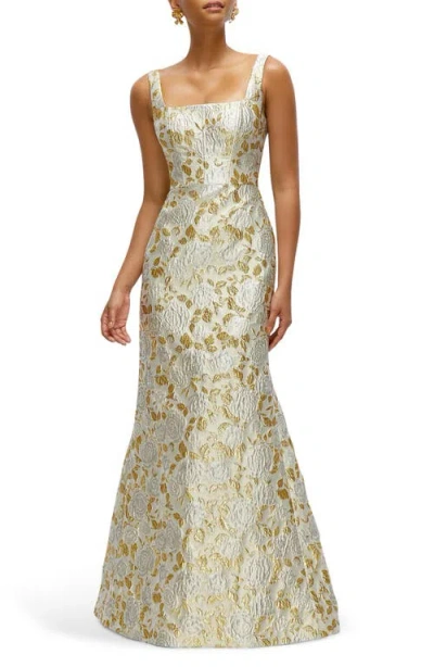 Dessy Collection Metallic Floral Brocade Trumpet Gown In Winter Mist