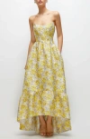 Dessy Collection Metallic Jacquard Corset High/low Gown In Golden Yellow