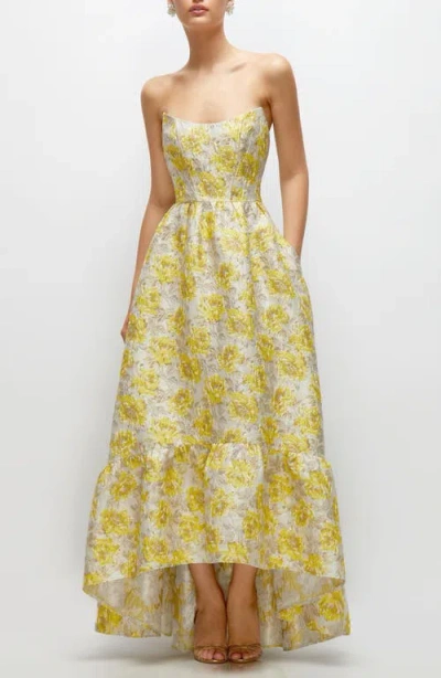 Dessy Collection Metallic Jacquard Corset High/low Gown In Golden Yellow