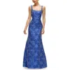 Dessy Collection Metallic Jacquard Trumpet Gown In Cobalt Jacquard