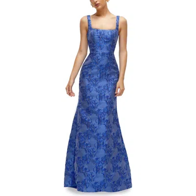 Dessy Collection Metallic Jacquard Trumpet Gown In Cobalt Jacquard