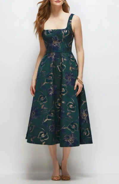 Dessy Collection Metallic Square Neck Jacquard Midi Cocktail Dress In Green