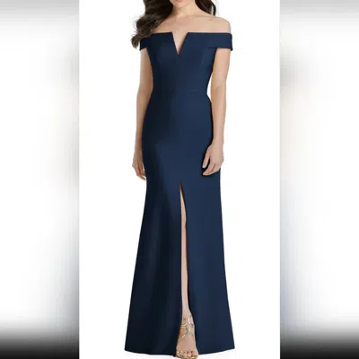 Dessy Collection Notched Off-the-shoulder Crepe Gown - Midnight In Blue