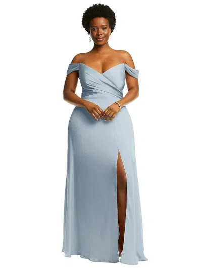 Dessy Collection Off-the-shoulder Flounce Sleeve Empire Waist Gown With Front Slit In Blue