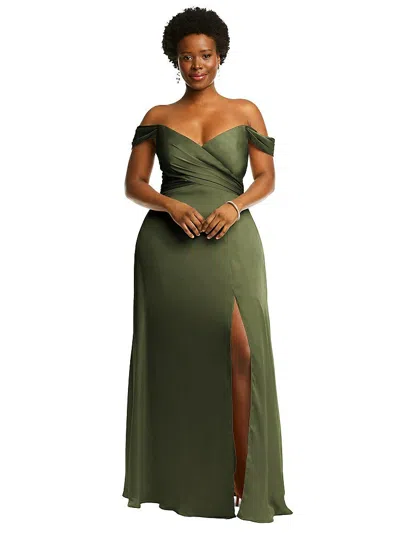 Dessy Collection Off-the-shoulder Flounce Sleeve Empire Waist Gown With Front Slit In Green