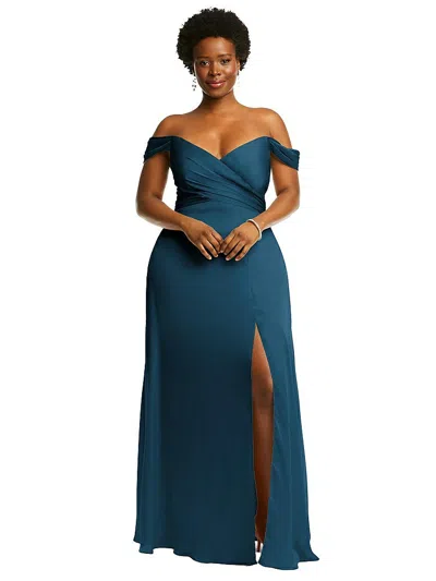 Dessy Collection Off-the-shoulder Flounce Sleeve Empire Waist Gown With Front Slit In Blue