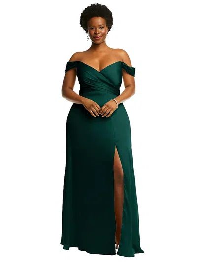 Dessy Collection Off-the-shoulder Flounce Sleeve Empire Waist Gown With Front Slit In Green