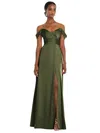 DESSY COLLECTION OFF-THE-SHOULDER FLOUNCE SLEEVE EMPIRE WAIST GOWN WITH FRONT SLIT