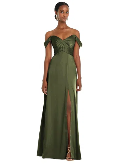 Dessy Collection Off-the-shoulder Flounce Sleeve Empire Waist Gown With Front Slit In Green