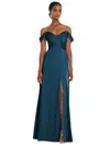 DESSY COLLECTION OFF-THE-SHOULDER FLOUNCE SLEEVE EMPIRE WAIST GOWN WITH FRONT SLIT