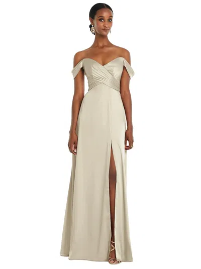 DESSY COLLECTION OFF-THE-SHOULDER FLOUNCE SLEEVE EMPIRE WAIST GOWN WITH FRONT SLIT
