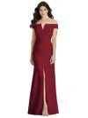 DESSY COLLECTION OFF-THE-SHOULDER NOTCH TRUMPET GOWN WITH FRONT SLIT