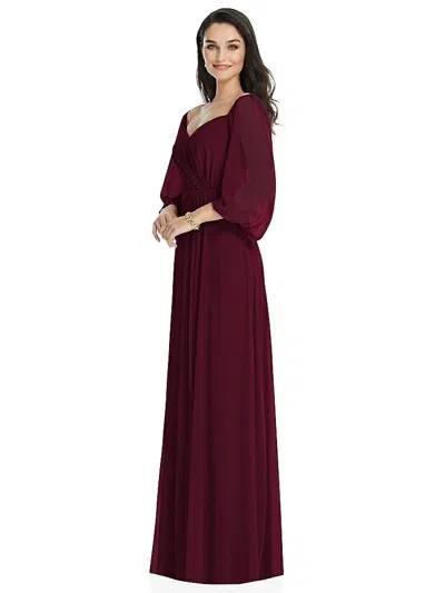 Dessy Collection Off-the-shoulder Puff Sleeve Maxi Dress With Front Slit In Burgundy