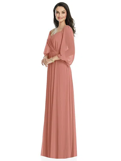 Dessy Collection Off-the-shoulder Puff Sleeve Maxi Dress With Front Slit In Pink