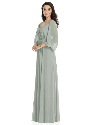 Dessy Collection Off-the-shoulder Puff Sleeve Maxi Dress With Front Slit In Green