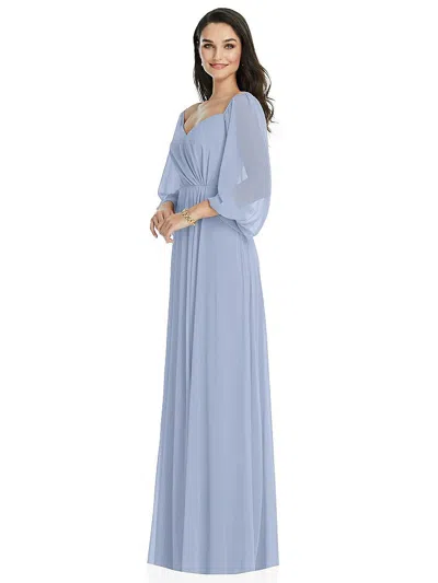 Dessy Collection Off-the-shoulder Puff Sleeve Maxi Dress With Front Slit In Blue