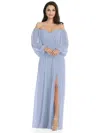 DESSY COLLECTION OFF-THE-SHOULDER PUFF SLEEVE MAXI DRESS WITH FRONT SLIT