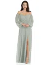 Dessy Collection Off-the-shoulder Puff Sleeve Maxi Dress With Front Slit In Green