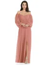 DESSY COLLECTION OFF-THE-SHOULDER PUFF SLEEVE MAXI DRESS WITH FRONT SLIT