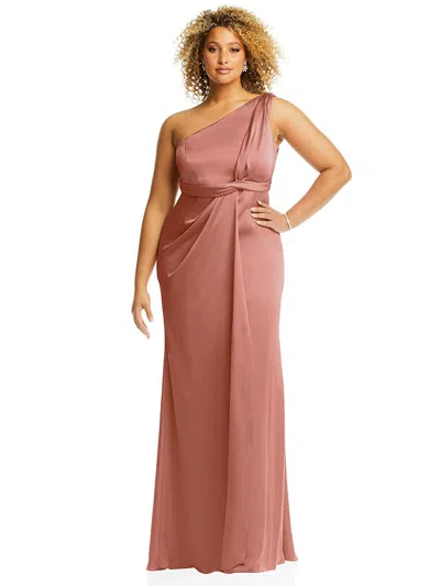 Dessy Collection One-shoulder Draped Twist Empire Waist Trumpet Gown In Pink