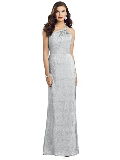 Dessy Collection One-shoulder Twist Metallic Trumpet Gown In Silver