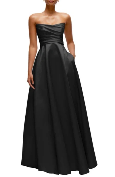 Dessy Collection Strapless Draped Cat-eye Satin Maxi Dress With Full Skirt In Black