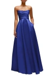 Dessy Collection Strapless Draped Cat-eye Satin Maxi Dress With Full Skirt In Cobalt Blue