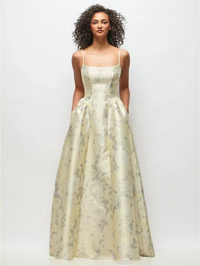 Dessy Collection Scoop Neck Drop Basque Skirt Floral Satin Maxi Dress With Pockets