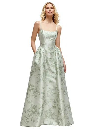 Dessy Collection Scoop Neck Drop Basque Skirt Floral Satin Maxi Dress With Pockets