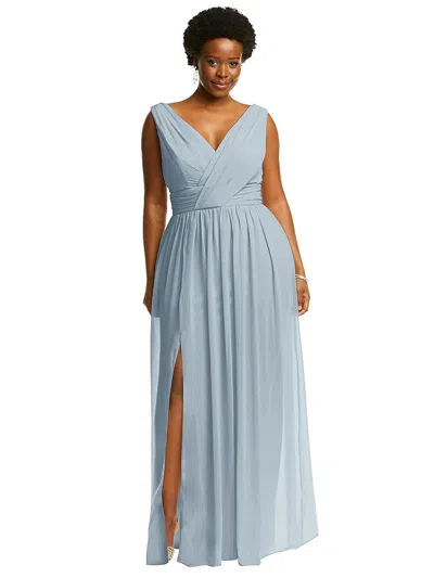 Dessy Collection Sleeveless Draped Chiffon Maxi Dress With Front Slit In Blue
