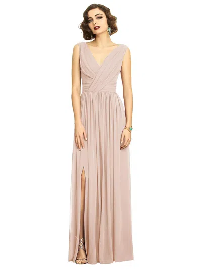 Dessy Collection Sleeveless Draped Chiffon Maxi Dress With Front Slit In Beige