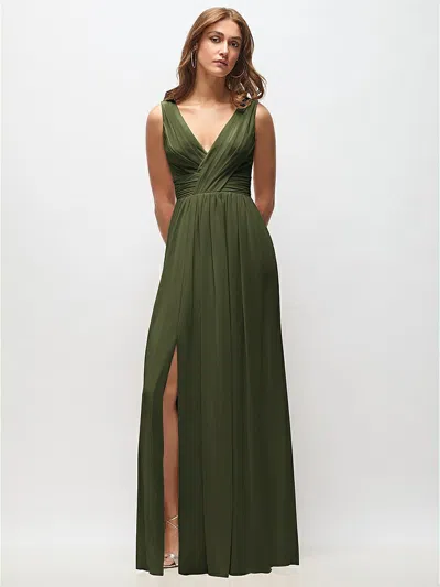 Dessy Collection Sleeveless Draped Chiffon Maxi Dress With Front Slit In Green