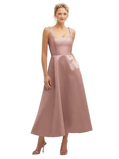 Dessy Collection Square Neck Satin Midi Dress With Full Skirt & Pockets