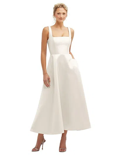 Dessy Collection Square Neck Satin Midi Dress With Full Skirt & Pockets In White
