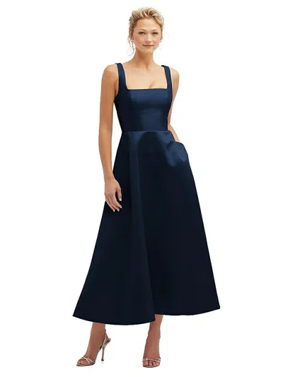 DESSY COLLECTION SQUARE NECK SATIN MIDI DRESS WITH FULL SKIRT & POCKETS