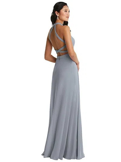 Dessy Collection Stand Collar Halter Maxi Dress With Criss Cross Open-back In Gray