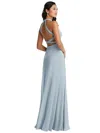 Dessy Collection Stand Collar Halter Maxi Dress With Criss Cross Open-back