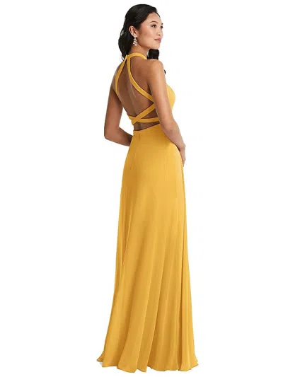 Dessy Collection Stand Collar Halter Maxi Dress With Criss Cross Open-back In Yellow