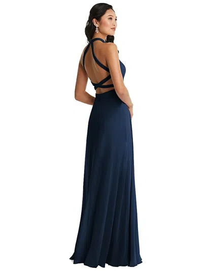 Dessy Collection Stand Collar Halter Maxi Dress With Criss Cross Open-back In Blue