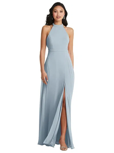 Dessy Collection Stand Collar Halter Maxi Dress With Criss Cross Open-back In Mist