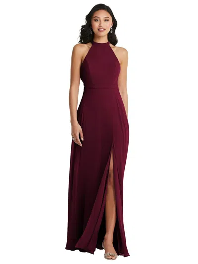 Dessy Collection Stand Collar Halter Maxi Dress With Criss Cross Open-back In Burgundy