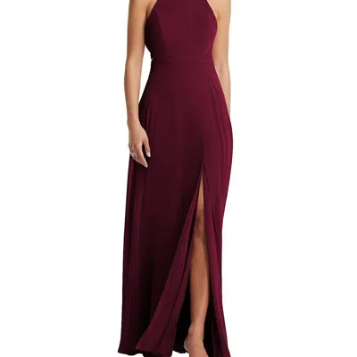 Dessy Collection Stand Collar Halter Maxi Dress With Criss Cross Open-back In Red