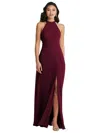 Dessy Collection Stand Collar Halter Maxi Dress With Criss Cross Open-back In Red