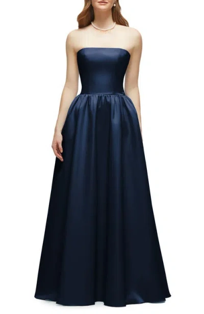 Dessy Collection Strapless Drop Waist Satin Twill Gown In Blue