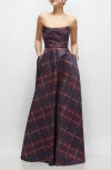 Dessy Collection Tartan Strapless Gown In Red