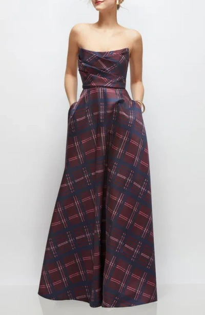 Dessy Collection Tartan Strapless Gown In Red