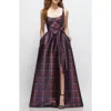 Dessy Collection Tartan Tie Waist Sleeveless Satin Gown In Multi
