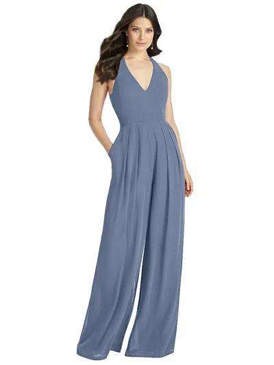 Dessy Collection V-neck Backless Pleated Front Jumpsuit In Gray