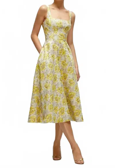 Dessy Square Neck Floral Jacquard Midi Dress In Golden Yellow